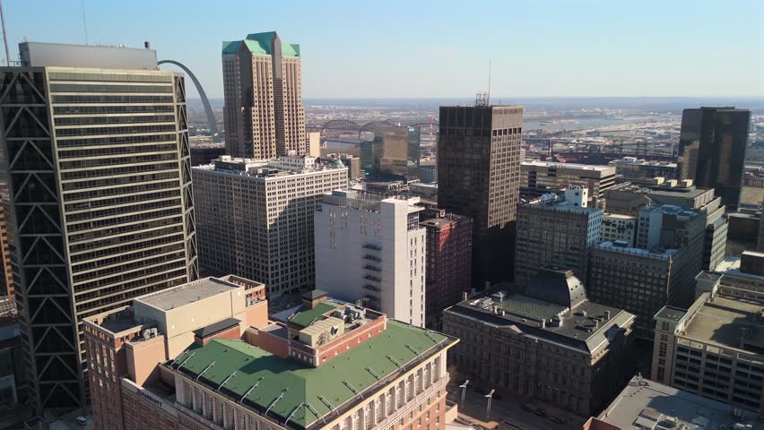 St Louis Missouri downtown aerial cinematic flyover