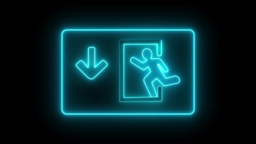 Neon Emergency Exit Sign. Right side green color emergency exit icon