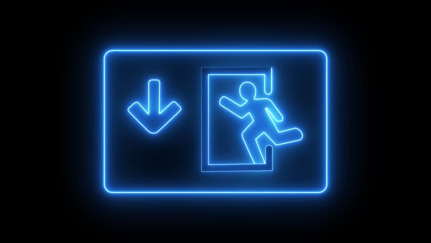 Neon Emergency Exit Sign. Right side green color emergency exit icon
