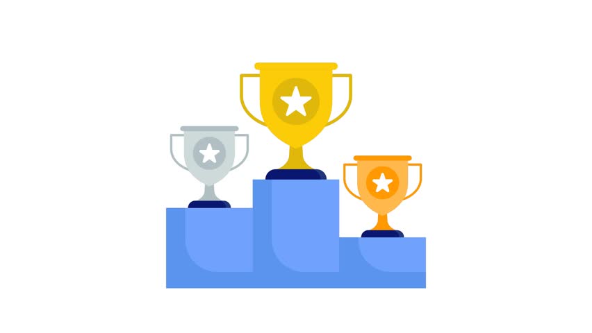 Animated gold, silver, and bronze trophies jumping on a winner