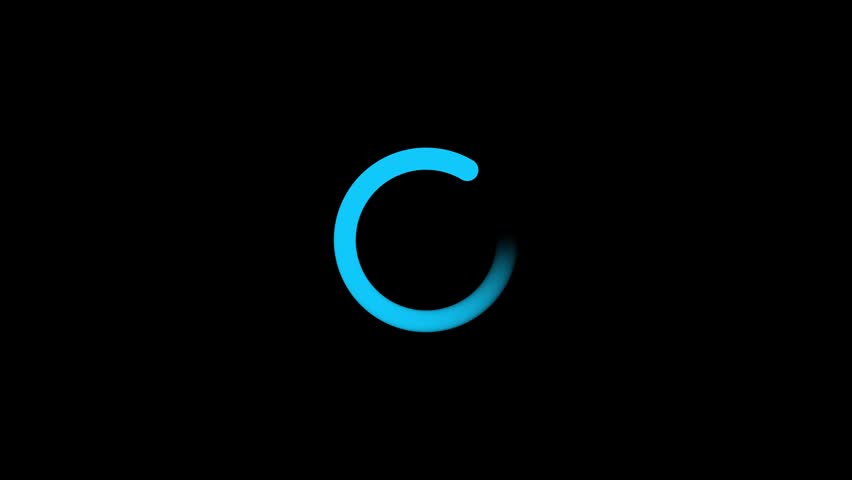 A bright cyan circular loading indicator with a blurred trailing edge spins against a solid black background representing a process in progress or waiting for data to load