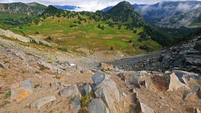 A scenic view of the rugged landscape and alpine meadows along the Mount Fremont Lookout Trail in Mount Rainier National Park. This popular moderately-strenuous trail leads to a historic 1930s fire lo