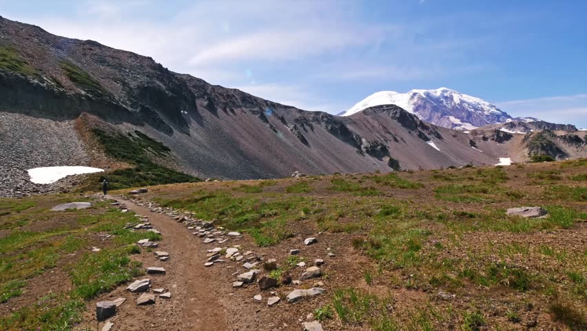 A beautiful, well-maintained hiking trail leads through sub-alpine meadows towards Skyscraper Pass and Mount Rainier in the background. This footage captures the scenic landscape of the Sunrise area o