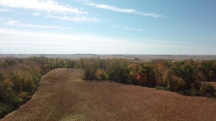 Aerial view of a vast agricultural landscape with fields of harvested crops, vibrant autumn trees, and numerous wind turbines on the horizon under a clear blue sky