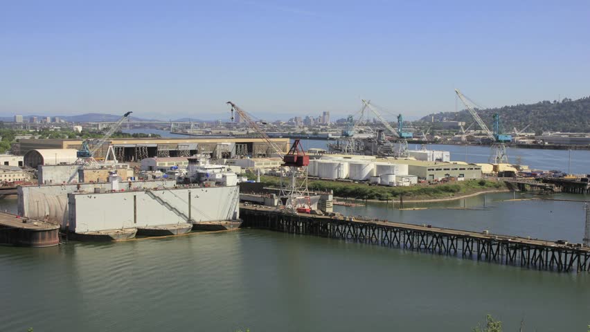 Industrial Shipyard with Moving Cranes in Swan Island Oregon 1920x1080