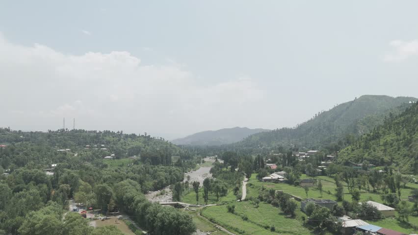 Breathtaking landscape of a wild river cutting through deep mountain valleys under a clear blue sky in Pakistan.