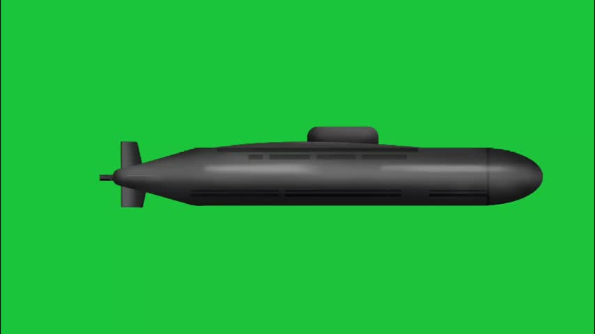spinning black submarine underwater isolated on green background smooth loop animation military naval vessel