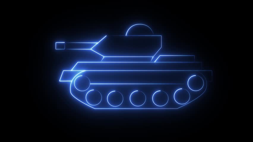 Dynamic, futuristic tank icon glowing with electric-blue light, motion. Digital render of an armored military vehicle with a powerful gun and track, representing strength and defense.