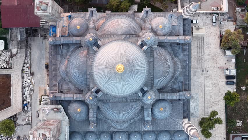 Shot from directly above Sultan Ahmed Mosque (Blue Mosque) in Istanbul, Turkey.
