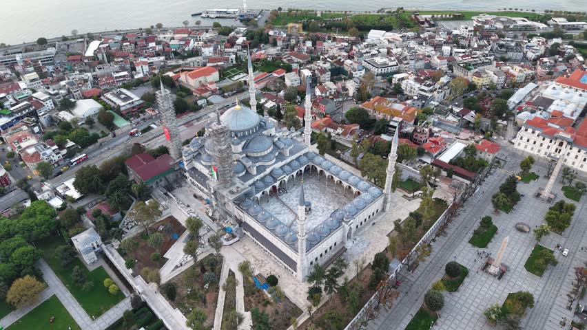Aerial Shot of Sultan Ahmed Mosque and Taksim Square in Istanbul, Turkey at Sunrise
