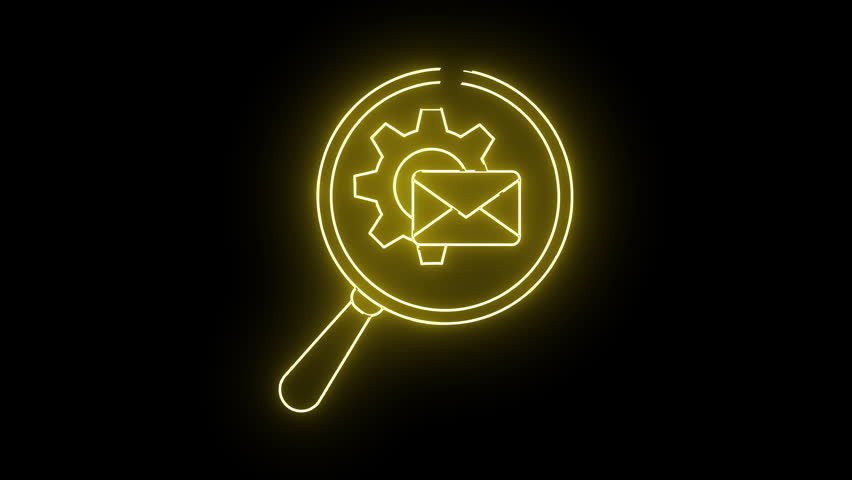 A yellow neon icon of a magnifying glass gear and envelope glows against a black backdrop