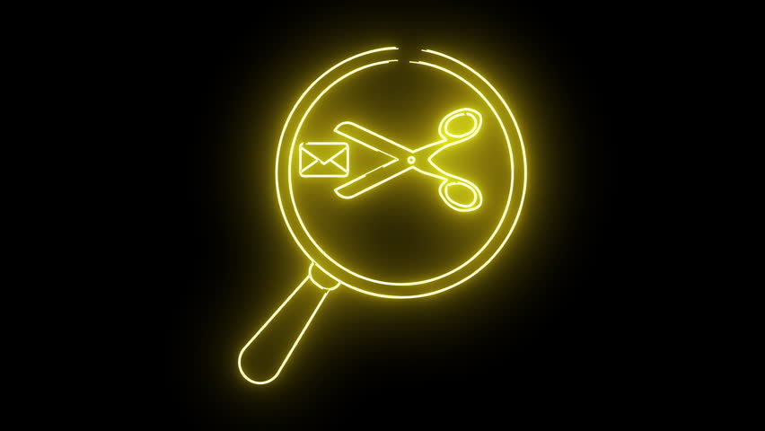 A yellow neonstyle magnifying glass with an envelope and scissors inside on a black background