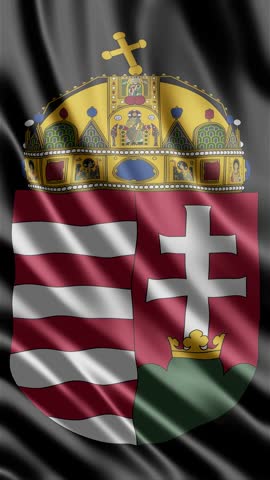 This high-quality motion video clip showcases the official Hungarian coat of arms with the historic Holy Crown of Hungary set against a realistic, gently waving black fabric background. The elegant fabric texture and smooth flowing motion create a sophisticated aesthetic suitable for professional patriotic displays, historical documentaries, or formal presentations. This digital asset emphasizes national pride, cultural heritage, and sovereignty, providing a visually striking symbol of the Hungarian state for various creative commercial projects, educational media, or official international broadcasting needs.