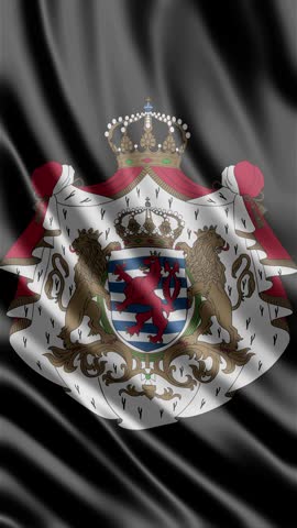 A captivating motion video clip featuring the majestic Luxembourgish Royal Coat of Arms. The ornate heraldic emblem, with its crowned red lion rampant on a striped blue and white field, is gracefully displayed on a richly textured banner. The flag-like fabric gently waves and ripples against a dark, seamless background, creating an elegant and symbolic animation. This footage represents national pride, European heritage, and the grand duchy