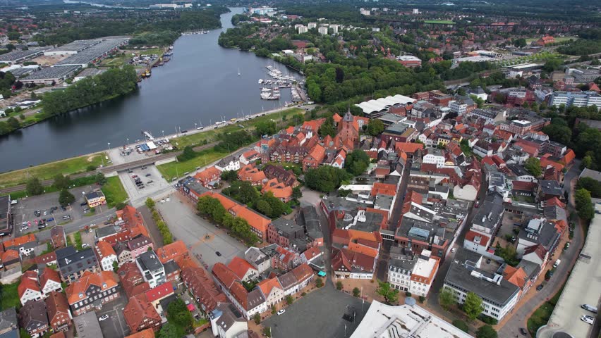 Aerial view of the old town  of  the city Rendsburg on a sunny afternoon in summer in North Germany, Schleswig-Holstein.