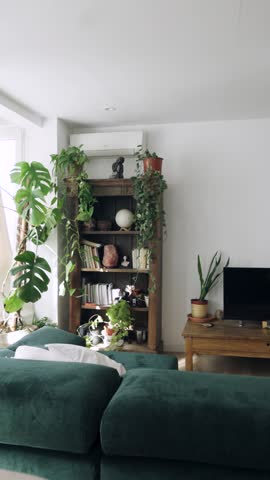 Contemporary living space with a dining table and a comfortable green sofa. Wooden furniture and many houseplants create a cozy atmosphere