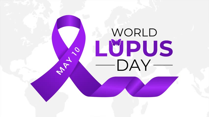World Lupus Day awareness animation with purple ribbon and autoimmune disease concept.