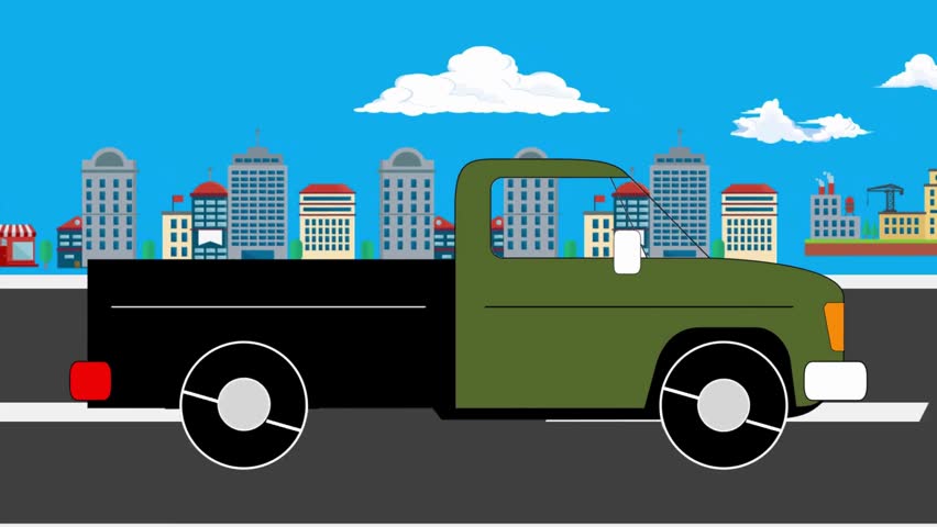 Animated Pickup Truck Driving Through a Cartoon City