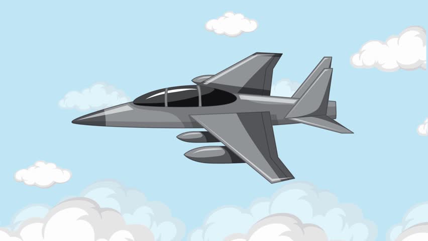 Cartoon military fighter jet flying in the sky with clouds