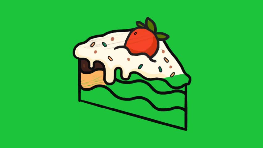 cartoon slice of cake with cream topping strawberry and sprinkles isolated on green screen for animation design and motion graphics