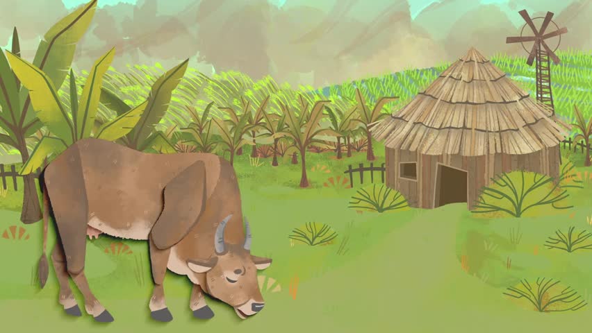 Rural Village Scene with Cow Grazing Near Traditional Hut