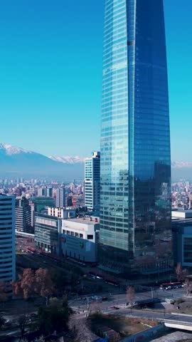 Aerial landscape of Santiago Chile near Andes Mountains. Touristic landmark. City life scenery Santiago Chile. Travel destinations. Vacations travel. Cityscape of Santiago Chile.