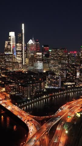 Night View Of Philadelphia Skyline At Philadelphia In Pennsylvania United States. Highrise Buildings Landscape. Night City Scenery. Philadelphia At Pennsylvania United States. Stunning Cityscape.