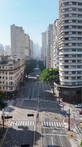 Sao Joao Avenue At Sao Paulo In Brazil. Sunset City Landscape. Downtown City Scenery. Highrise Buildings. Sao Joao Avenue At Sao Paulo In Brazil. Tourism Postcard.