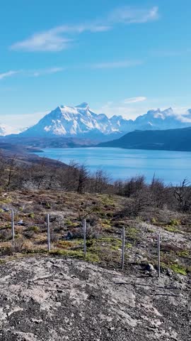 National Park Of Torres Del Paine In Puerto Natales Chile. Snowy Mountains. Glacier Landscape. Puerto Natales Chile. Winter Background. National Park At Torres Del Paine In Puerto Natales Chile.