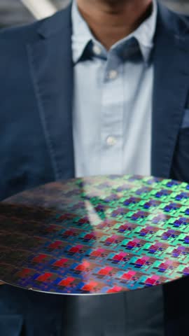 Vertical video Close up of careful hardware designer carrying semiconductor substrates, walking in cleanroom. Expert transporting silicon wafers with optical photolithography patterns in factory