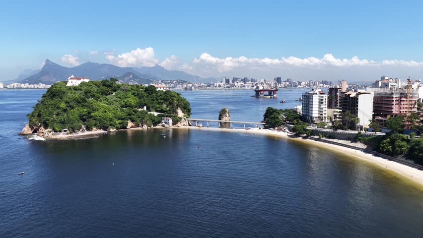 Boa Viagem Beach In Niteroi Rio De Janeiro Brazil. Breathtaking Aerial View Of A Lush Tropical Coastline Scenery. Shore Sky Beach Sea. Seaside Tropical Environment. Niteroi Rio de Janeiro.