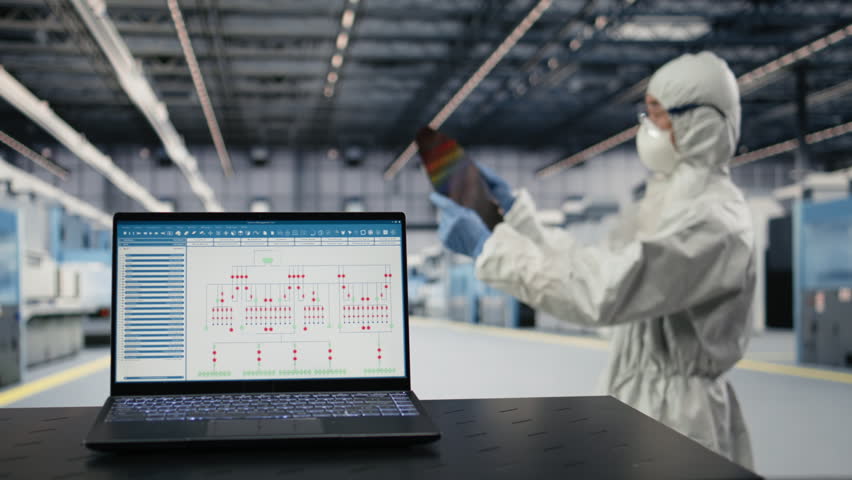 EDA software on laptop used by technician in semiconductor factory to automate systems. Tech specialist uses SoC architecture design program on notebook in microchip industrial plant, camera A closeup