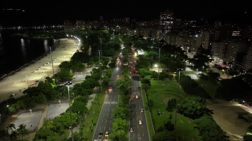 Night Rio De Janeiro Skyline In Rio De Janeiro Brazil. Modern City Center With Skyscrapers Reflecting The Urban Life. Building Town Sky Background Illuminated Urban. Town Drone View Illuminated .