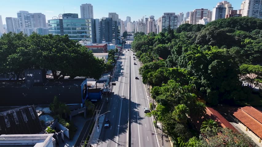 Francisco Matarazzo Avenue In Sao Paulo Brazil. Bustling Downtown Cityscape With Modern Buildings. Business Sky Downtown Cityscape. Business Panoramic. Sao Paulo Brazil.