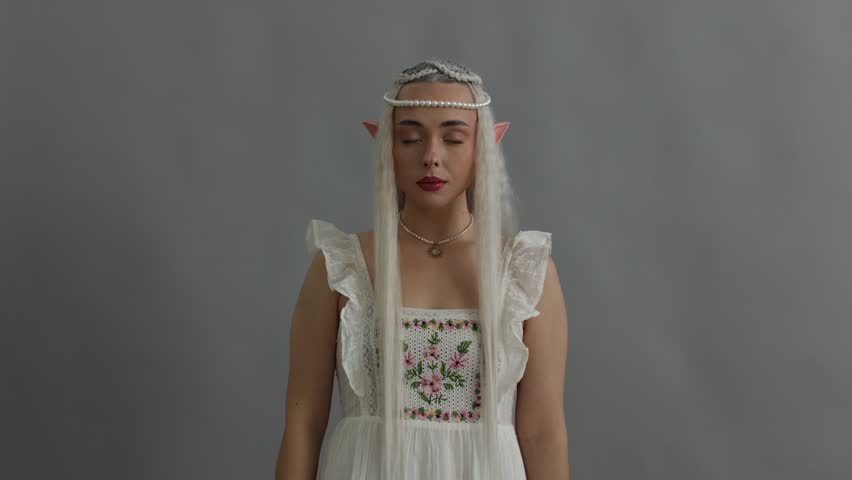 Beautiful girl dressed as elf on grey background