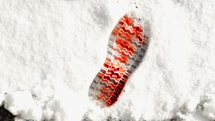 bloody footprint in snow with copy space.crime scene investigation, tracking movement and analyzing traces.crime-related media, thriller visuals, and editorial storytelling.