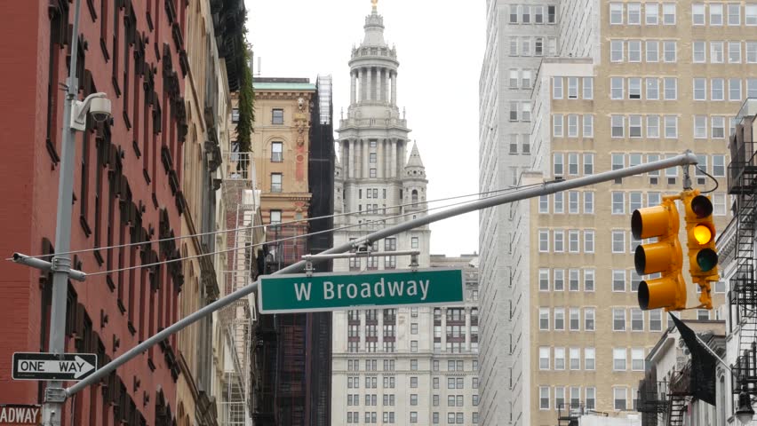 New York City Downtown Civic Center, United States of America. Manhattan municipal building 1914 old historic architecture. Government administration authority. W Broadway street sign, Chambers street