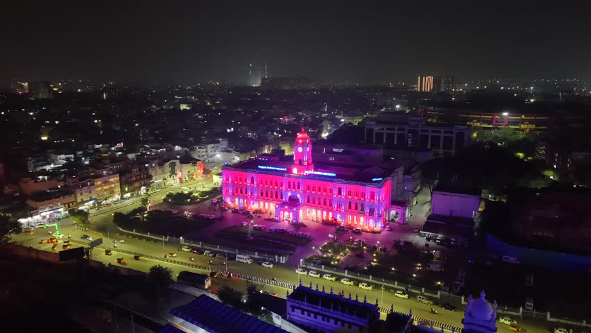 Aerial Night View of Ripon Building and Greater Chennai Corporation