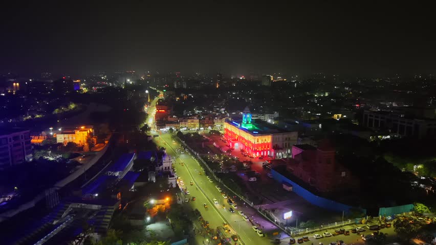 Aerial Night View of Ripon Building and Greater Chennai Corporation