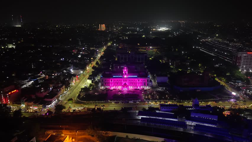 Aerial Night View of Ripon Building and Greater Chennai Corporation