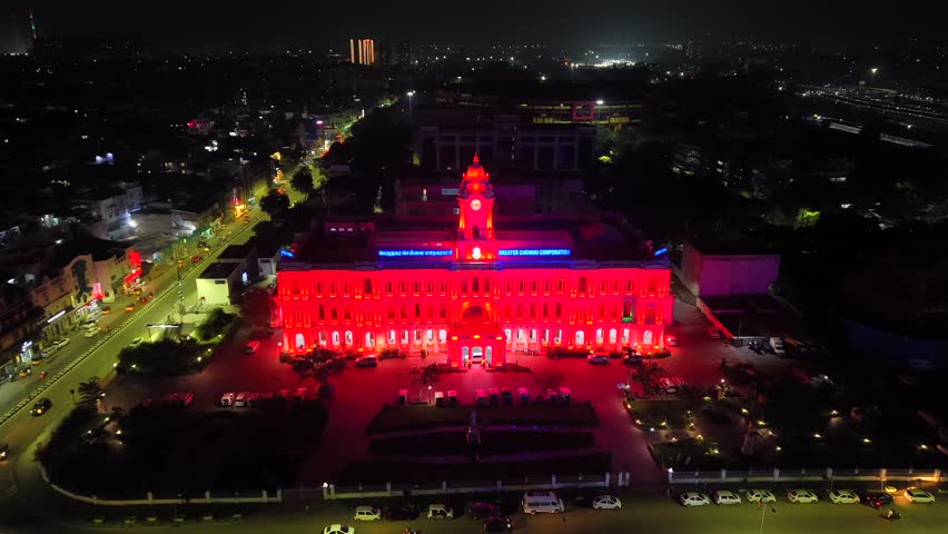 Aerial Night View of Ripon Building and Greater Chennai Corporation