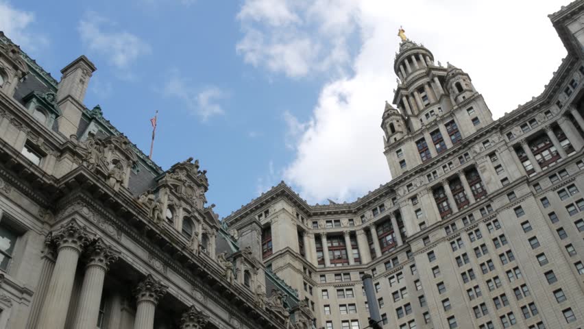 New York City Downtown Civic Center, United States of America. Manhattan municipal building 1914, old historic architecture. Government administration authority. Low angle view from Chambers street.