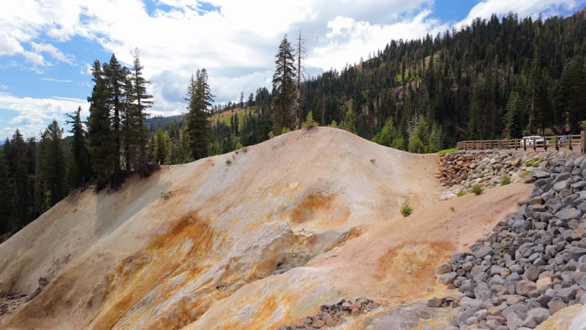 Panning view of sulphur geothermal terrain at Sulphur Works in Lassen Volcanic National Park California