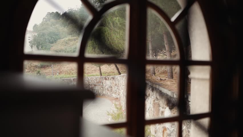 Cinematic perspective from inside an old building looking out at a park through a rustic window