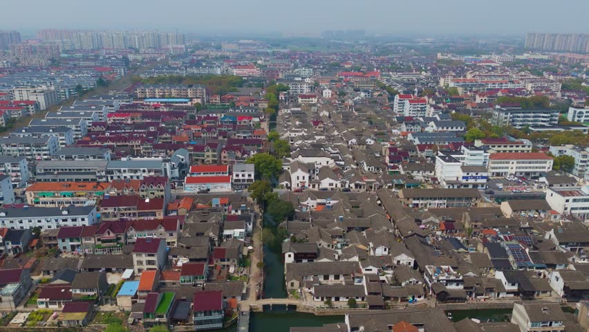Aerial View of Traditional Residential Architecture in Xinchang Ancient Town, Shanghai, China
