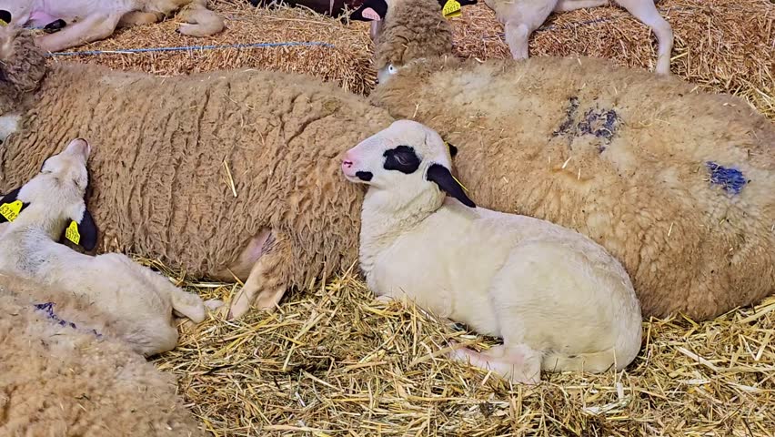 Close up of lamb resting beside adult sheep on hay inside farm shelter with calm livestock group