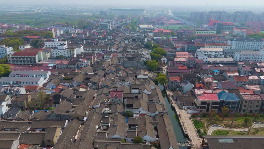 Aerial View of Traditional Residential Architecture in Xinchang Ancient Town, Shanghai, China