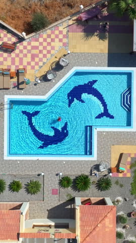Vertical aerial view of a woman floating in a swimming pool with Dolphin mosaics