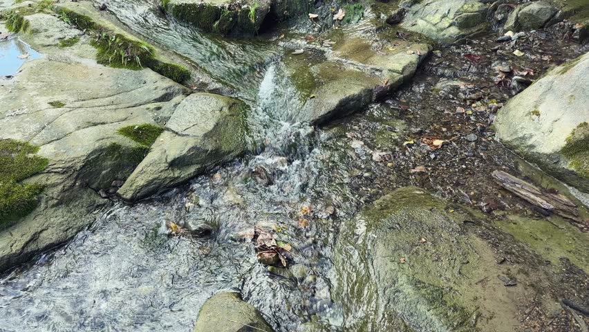 Water flow among the stones in the mountain stream in autumn overcast day, view close-up from bottom point when vertical panning
