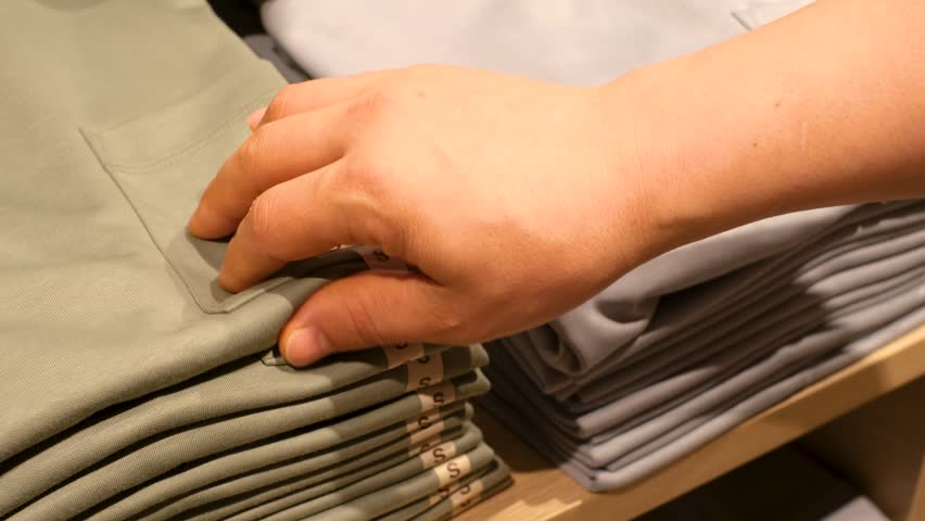 Hand chooses t-shirts on shelves in the store close-up.
